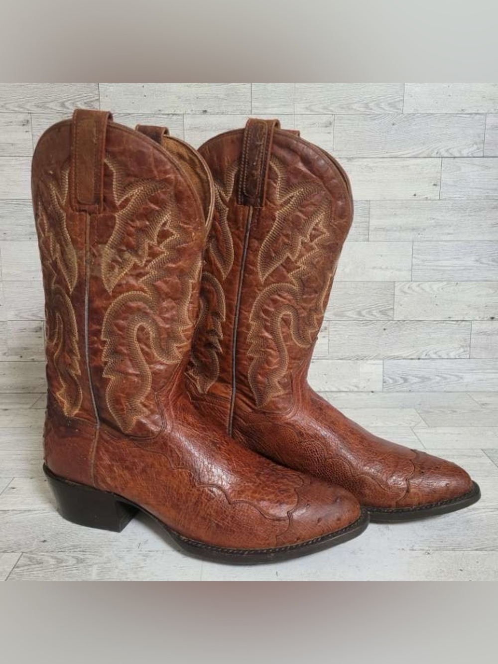 Men's Dan Post Exotic Ostrich Brown Leather Wingtip Western Cowboy Boots Size 8